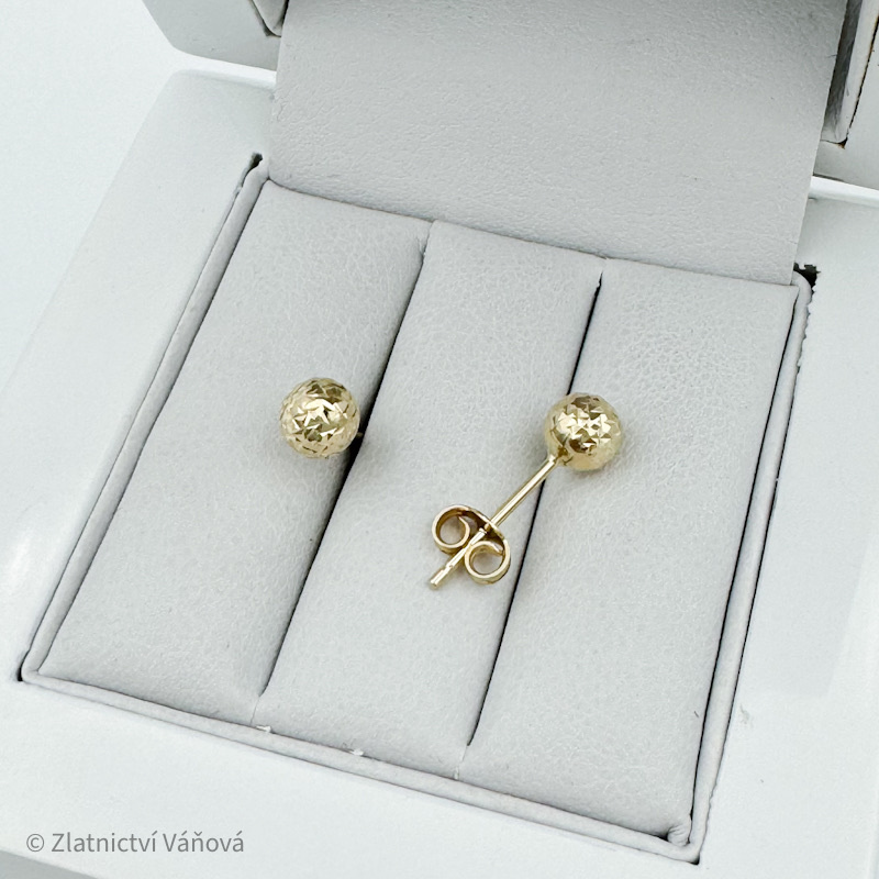 Žluté zlato náušnice broušené kuličky 5mm na puzetu